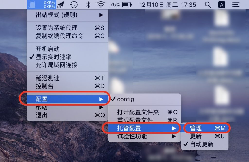 ClashX Pro の管理対象設定メニュー